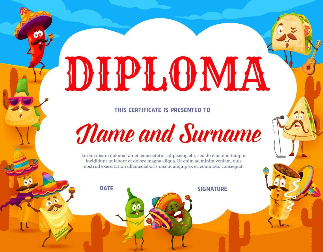 Kids diploma, cartoon Mexican tacos and burrito vector