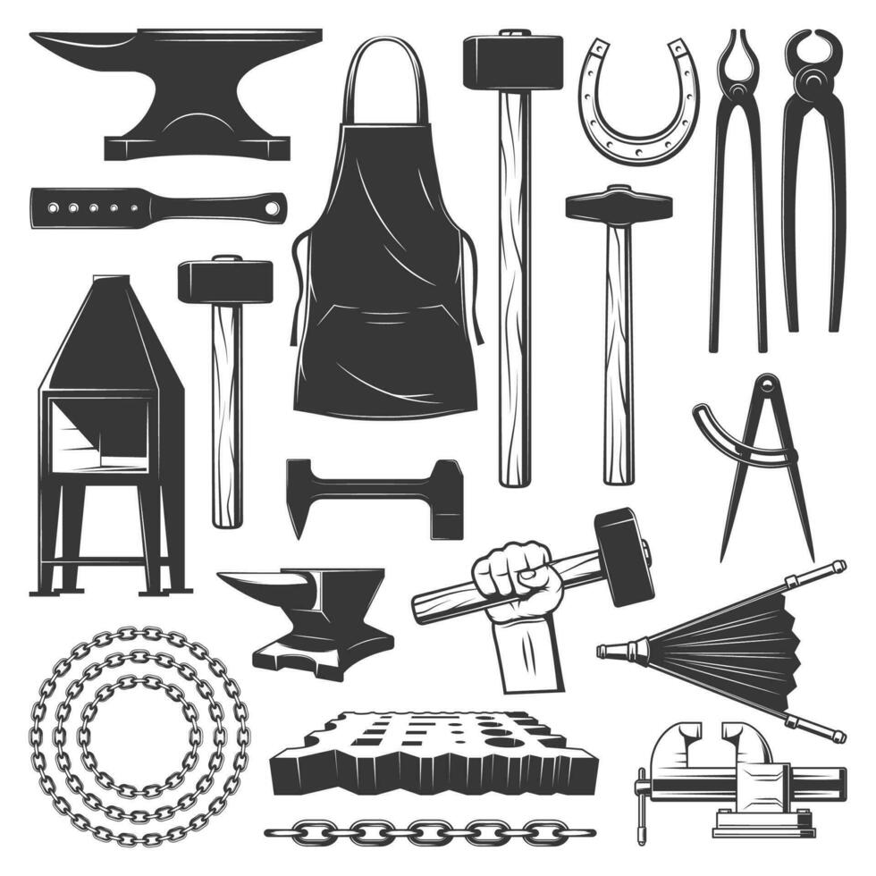 Blacksmithing, ironworks and forging tools icons vector