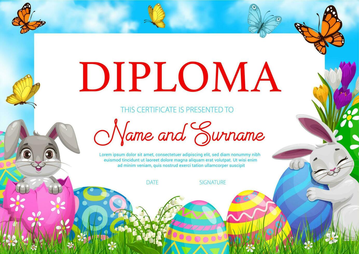 Education school diploma with Easter rabbits, eggs vector