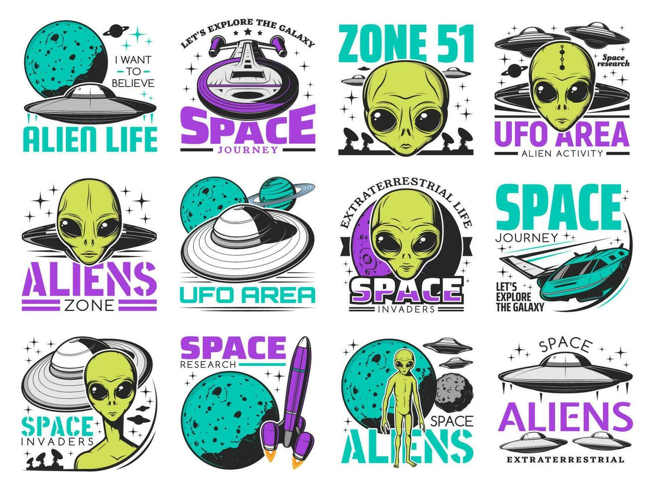 extraterrestres, OVNI zona y espacio lanzaderas vector íconos