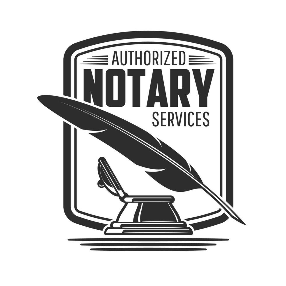 Notary or legal service icon, feather pen, inkwell vector