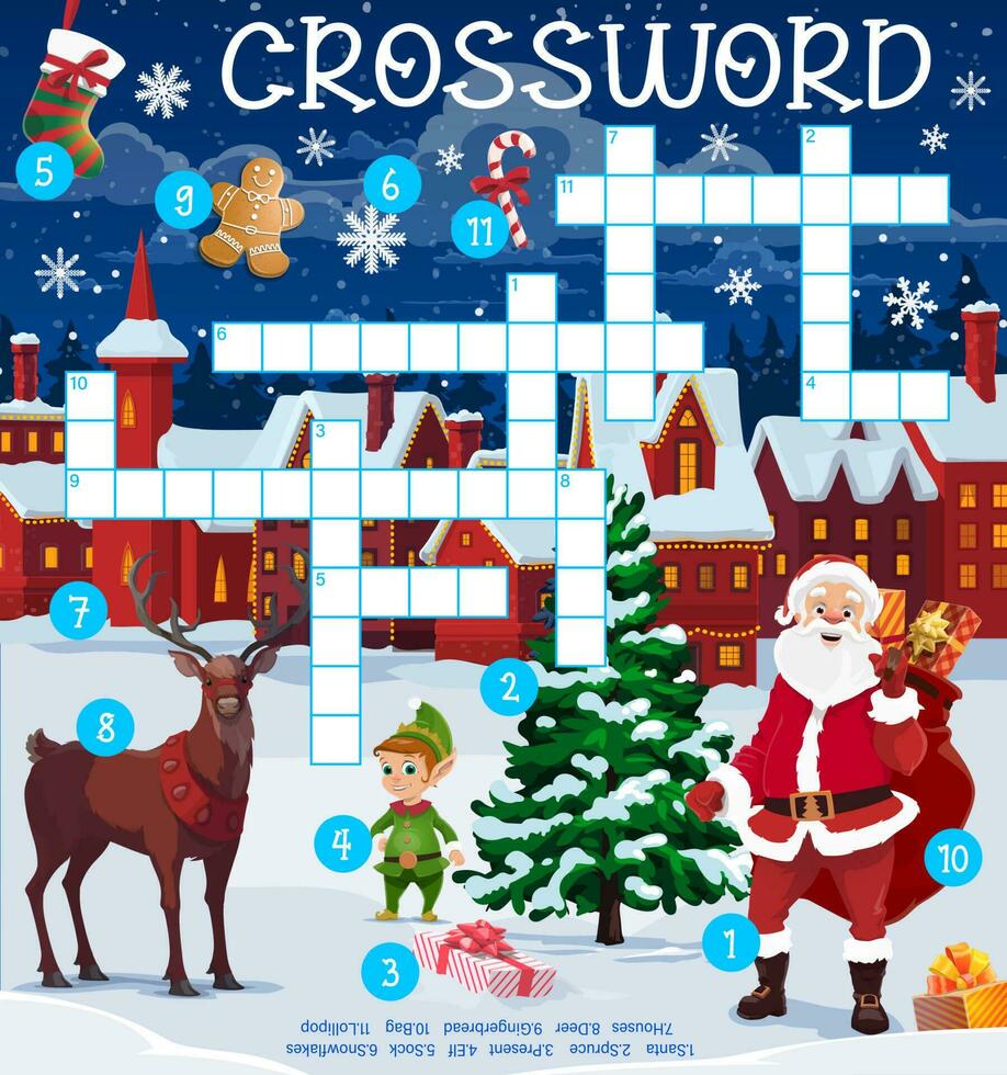 Santa, Christmas town, reindeer, crossword puzzle vector