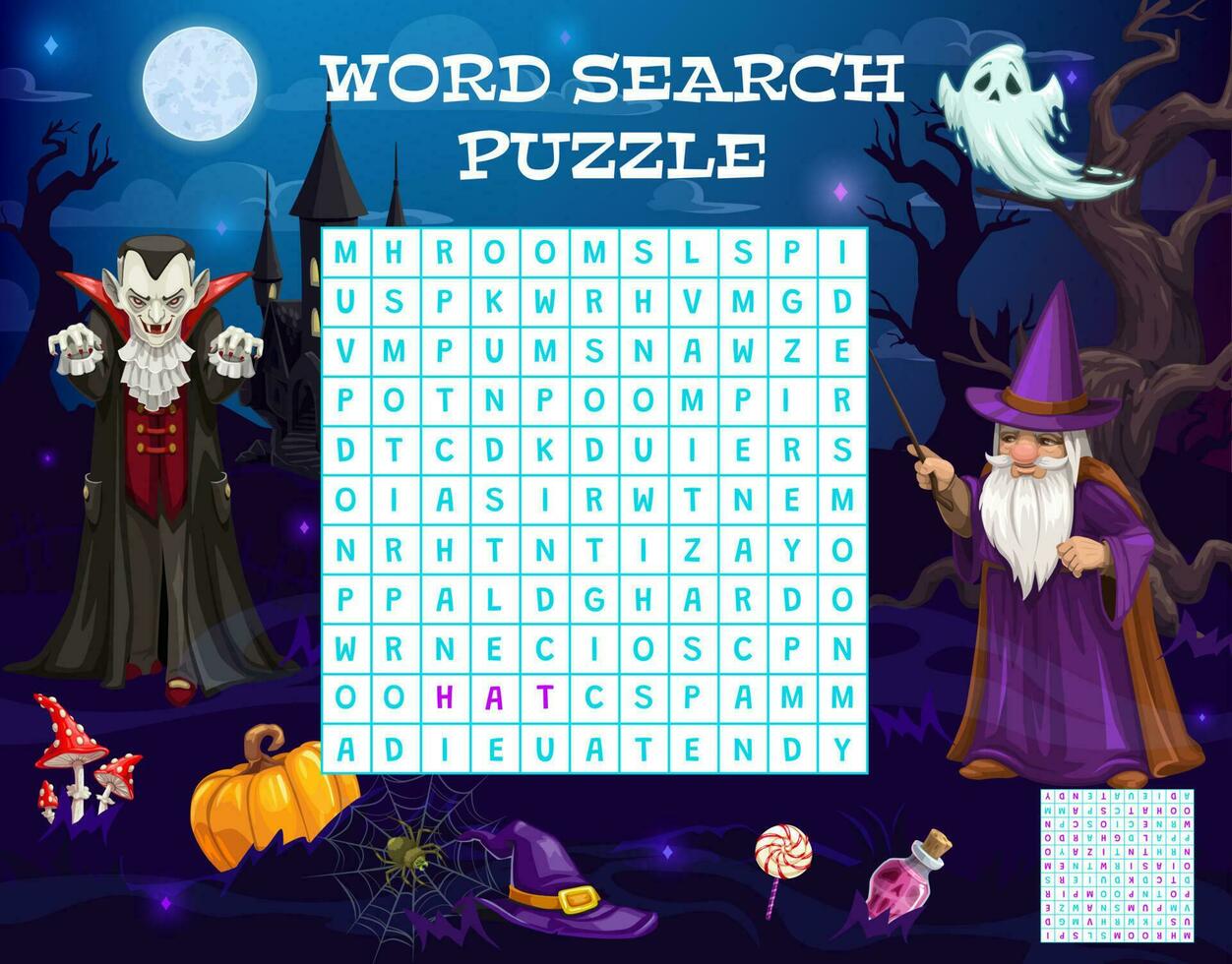 Halloween word puzzle game worksheet, quiz riddle vector