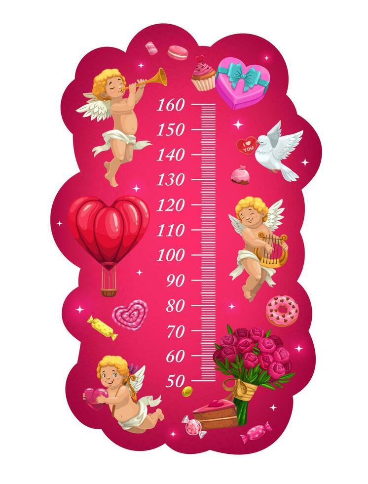 san valentin día altura cuadro, cupidos, regalos, dulces vector