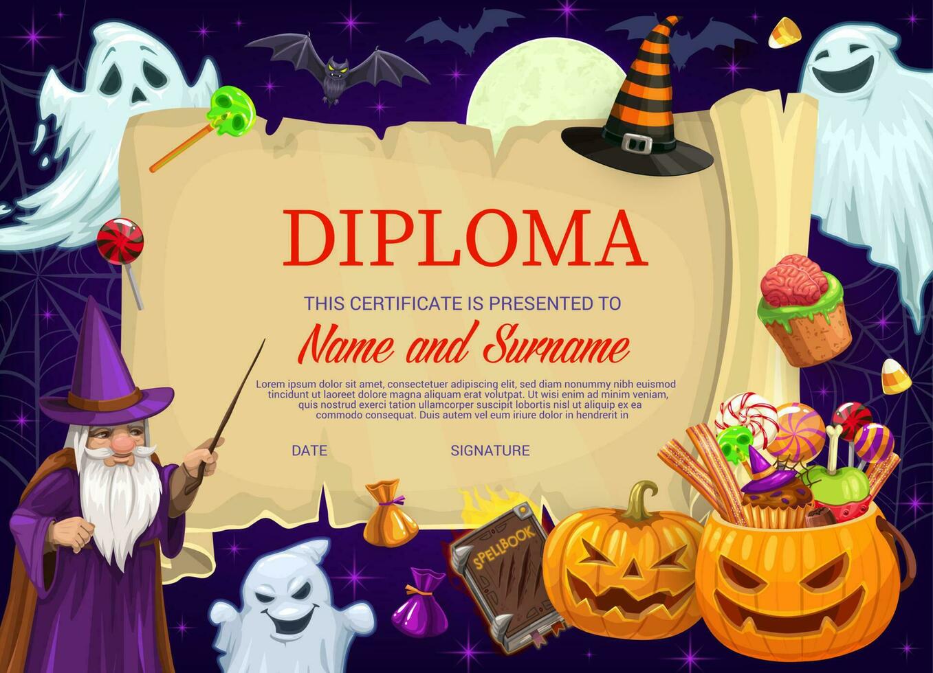 Kid diploma or certificate with Halloween monsters vector