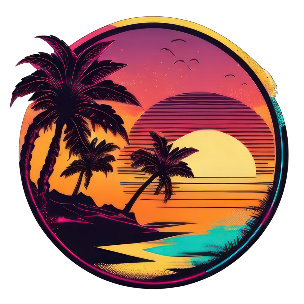 colorato tramonto su il tropicale isola. bellissimo oceano spiaggia con palme e yacht illustrazione ai generativo png