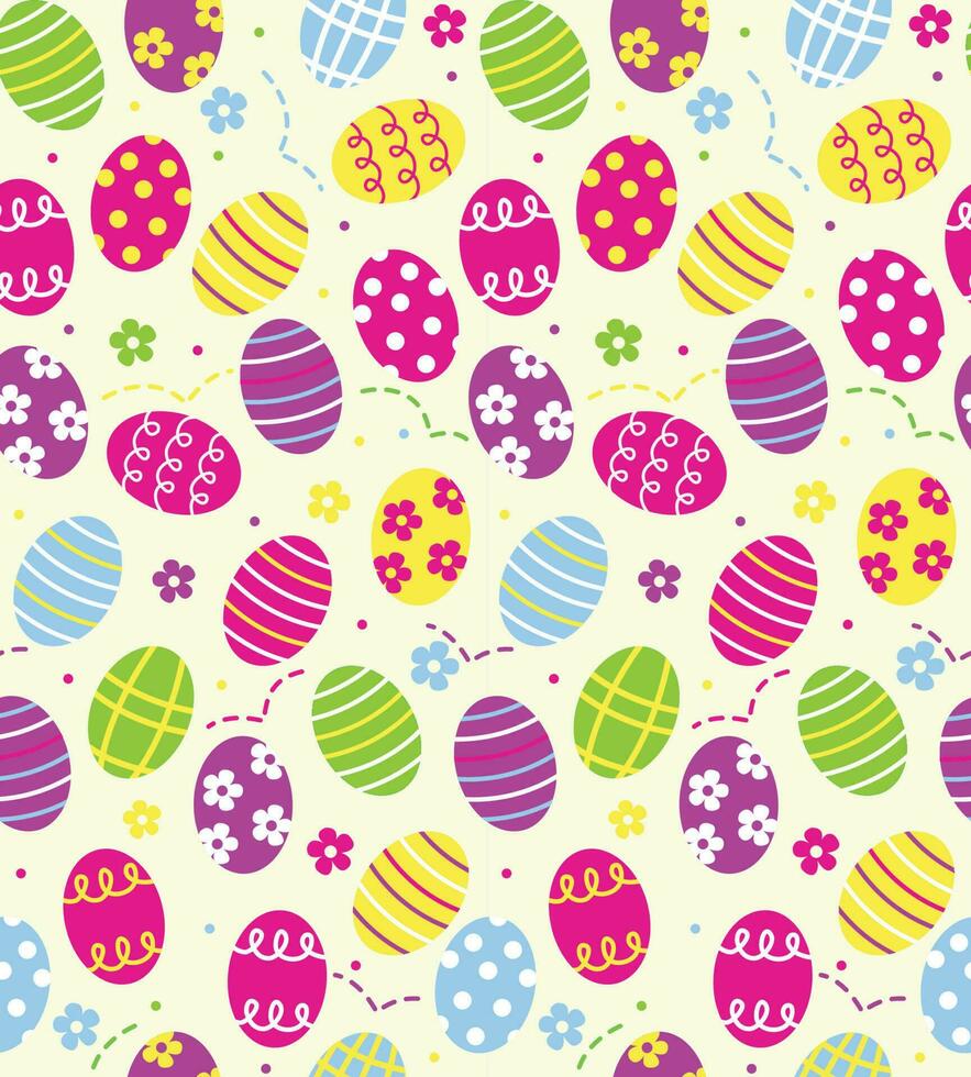 Seamless Pattern of Colorful Easter Eggs with flowers- Happy Easter Vector Illustration