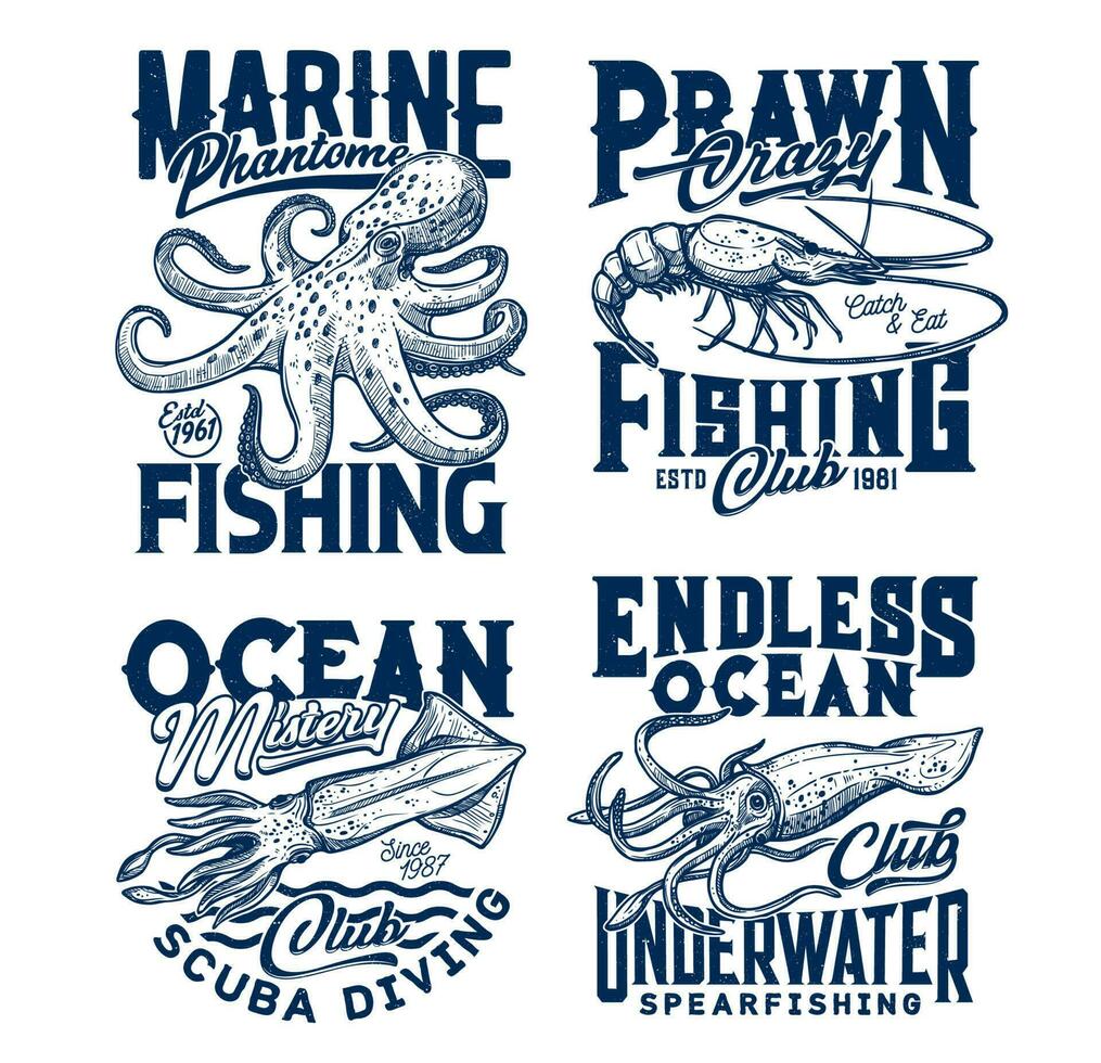 Tshirt print with vector sketch underwater animals