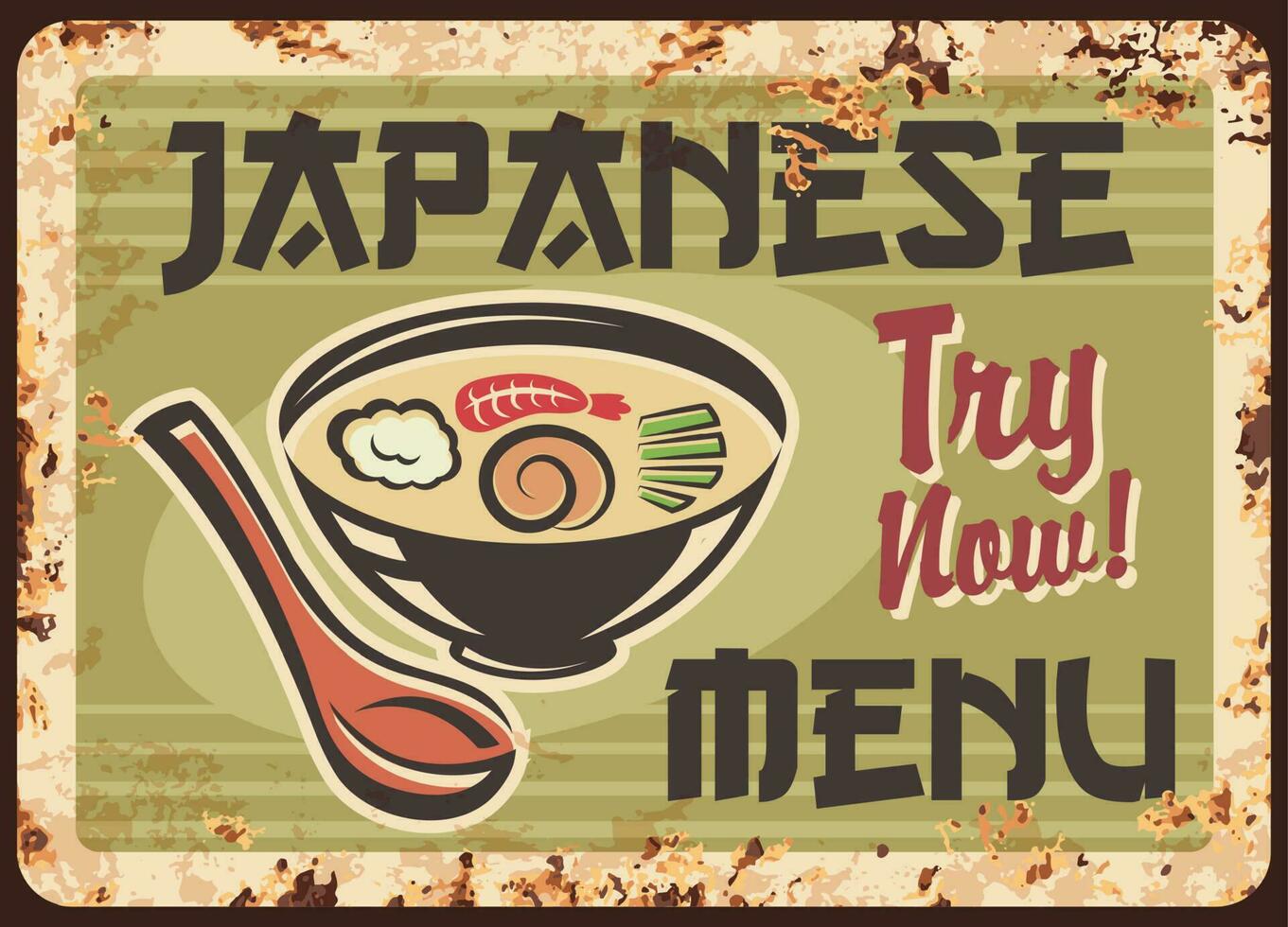 Japanese cuisine menu rusty metal plate, miso soup vector