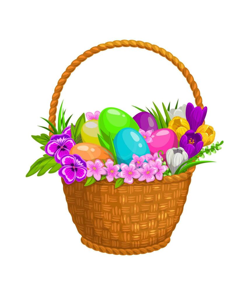 Happy Easter, eggs and flowers in wicker basket vector