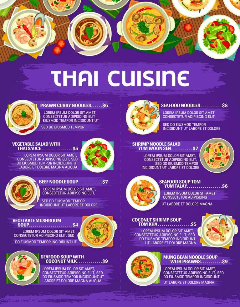 Thai cuisine menu, Thailand dishes, noodles, soups vector