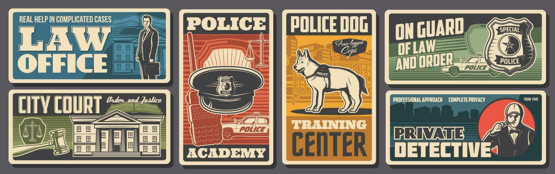Police, law and justice retro posters, policeman vector