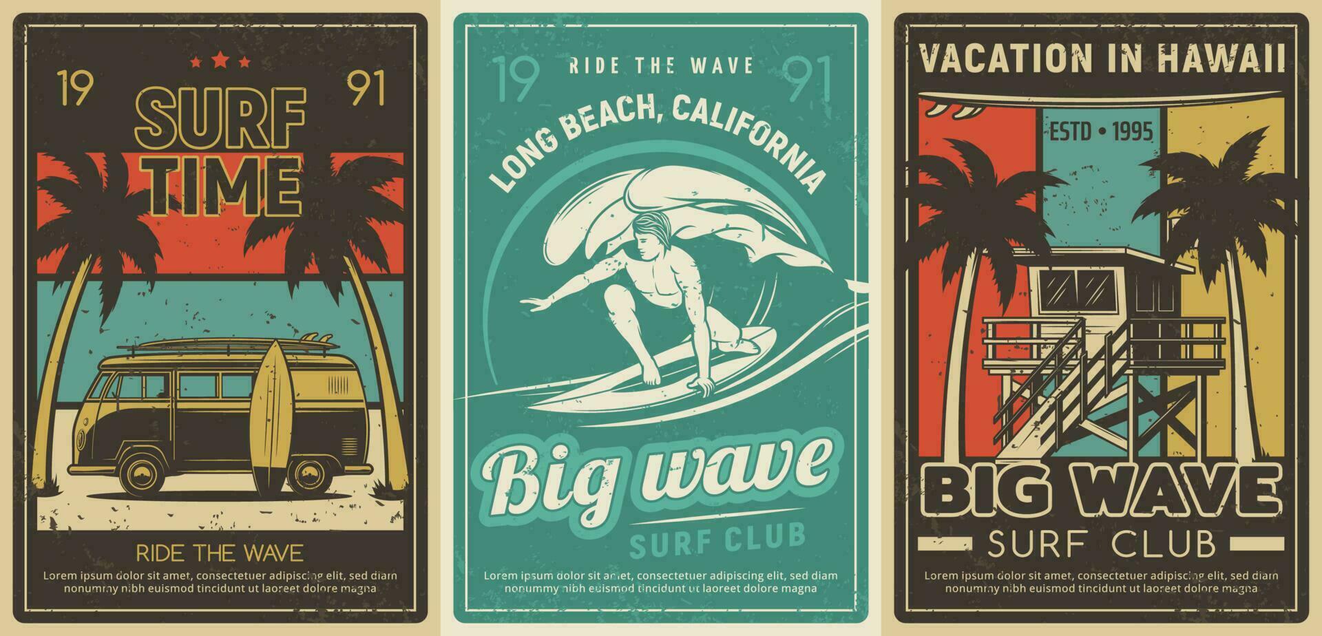 Surfing club, vacation leisure retro vector poster