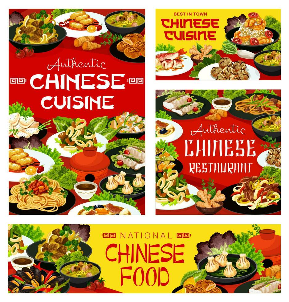 Chinese vector dishes China cuisine posters set