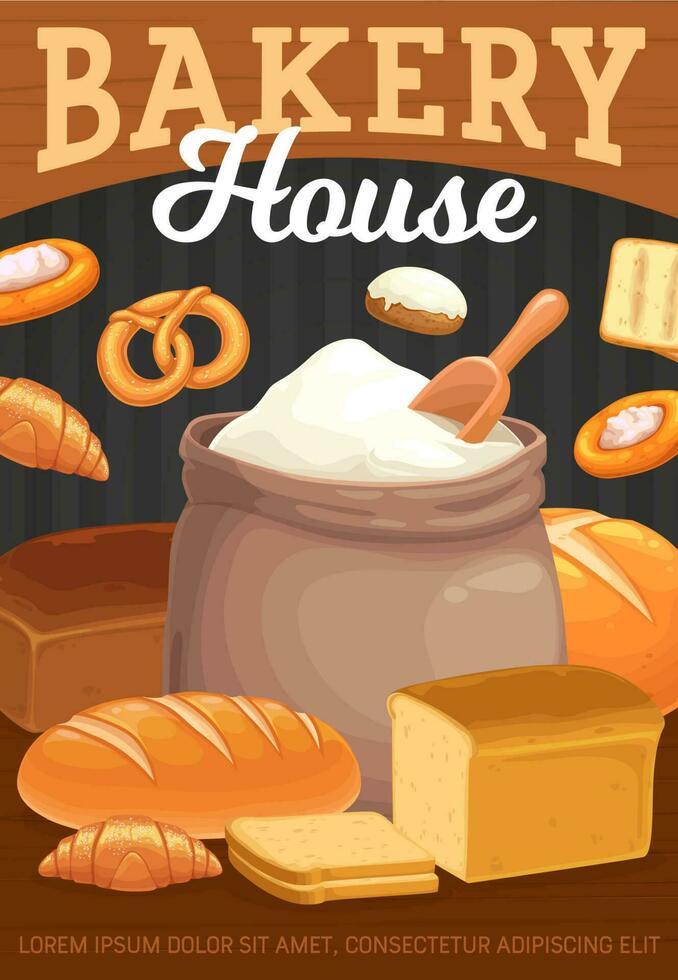 Bakery bread, pastry and flour bag vector poster