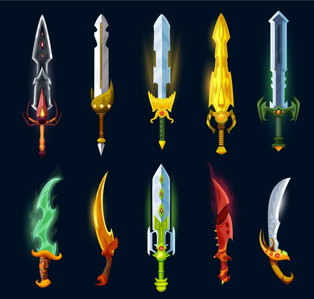 Medieval fantasy magic blades, swords, daggers vector