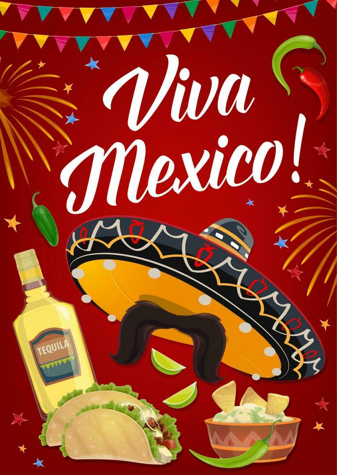 Viva mexico bandera con mexicano comida y sombrero vector