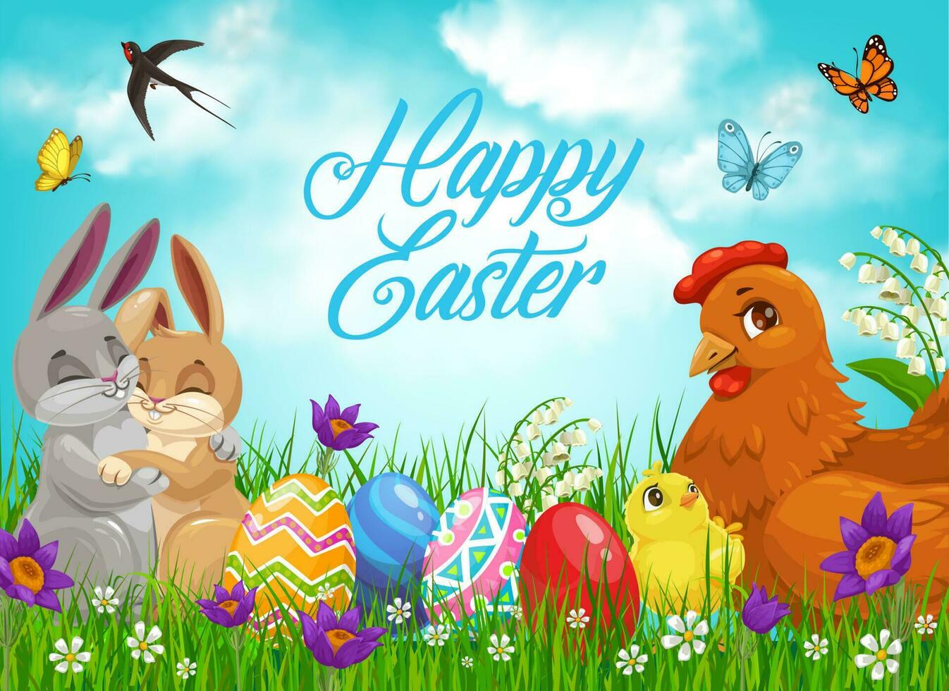 Easter bunnies and chicks with eggs vector