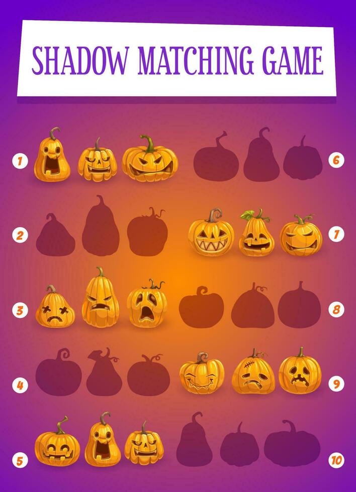 Kids shadow matching game with Halloween pumpkins vector