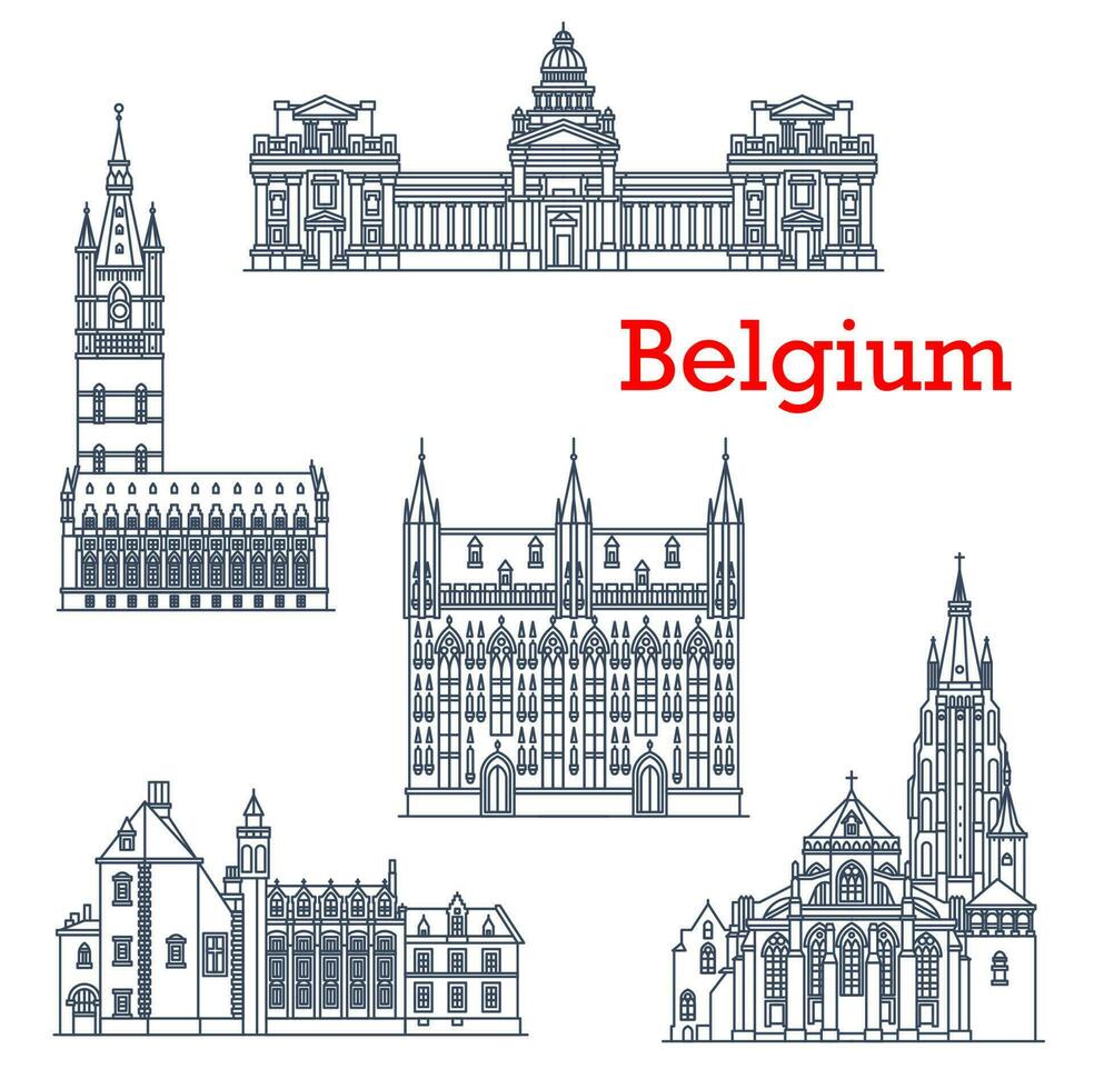 Belgium architecture landmarks, Bruges cathedrals vector