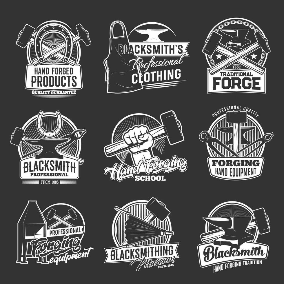 Blacksmithing shop, forging isolated vector icons