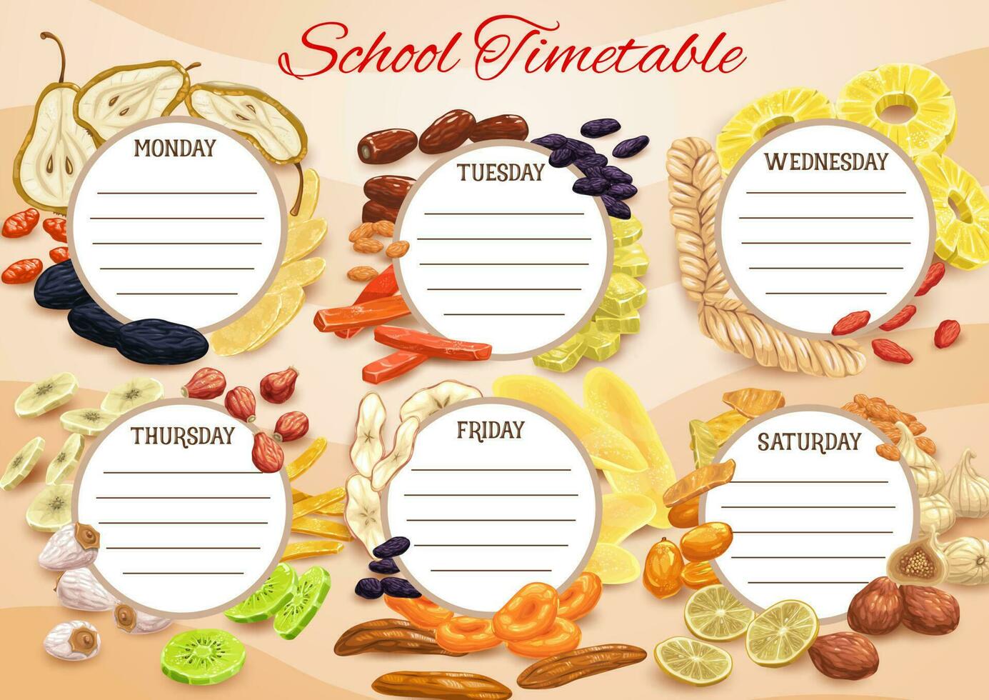 School timetable, schedule planner, dried fruits vector
