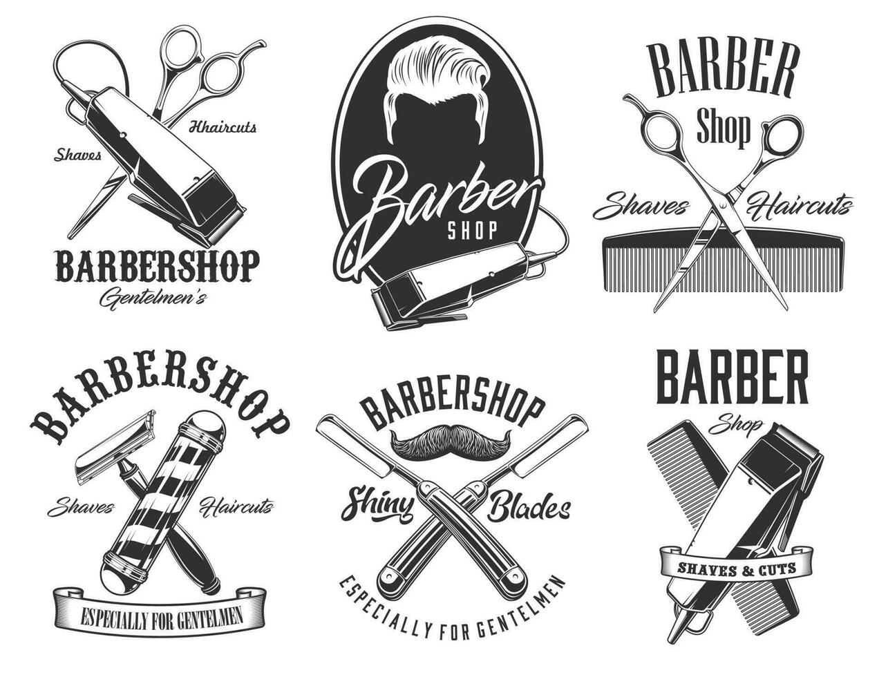 Haircut head, mustaches, scissors barbershop signs vector