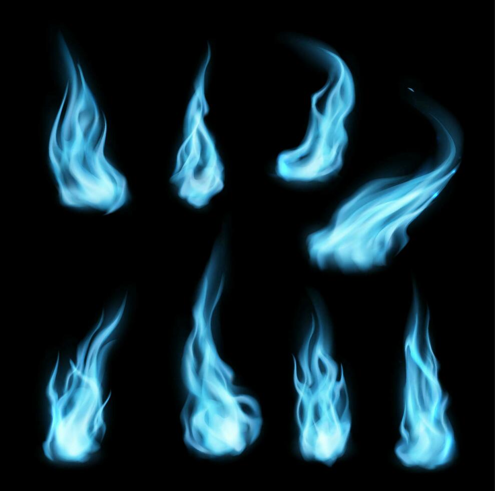 Natural gas blue fire long trails isolated set vector