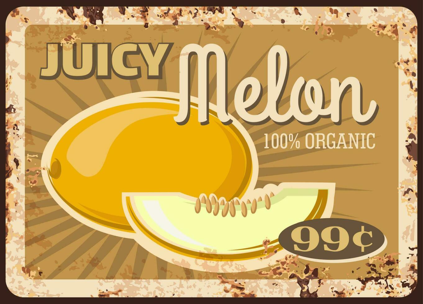 Melon fruit metal plate rusty, food market price vector