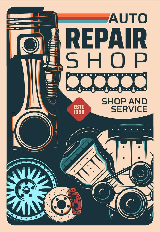 coche reparar Servicio y de repuesto partes tienda póster vector