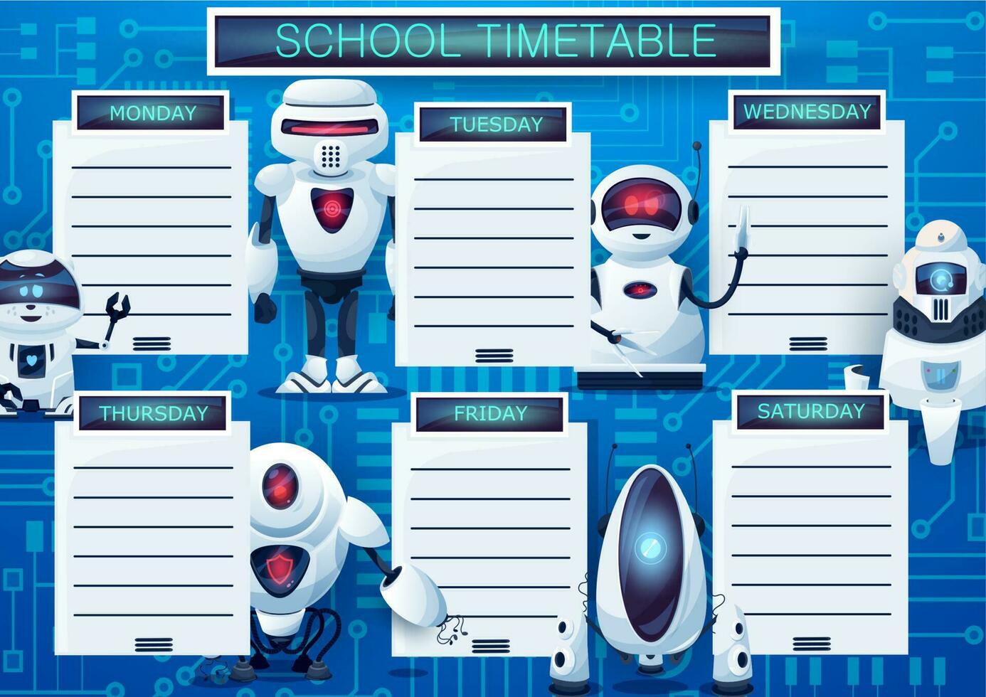 Timetable schedule with cartoon robots, planner vector
