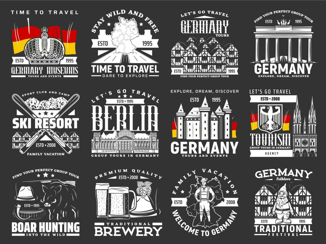 Alemania viaje iconos, Berlina Turismo Excursiones vector