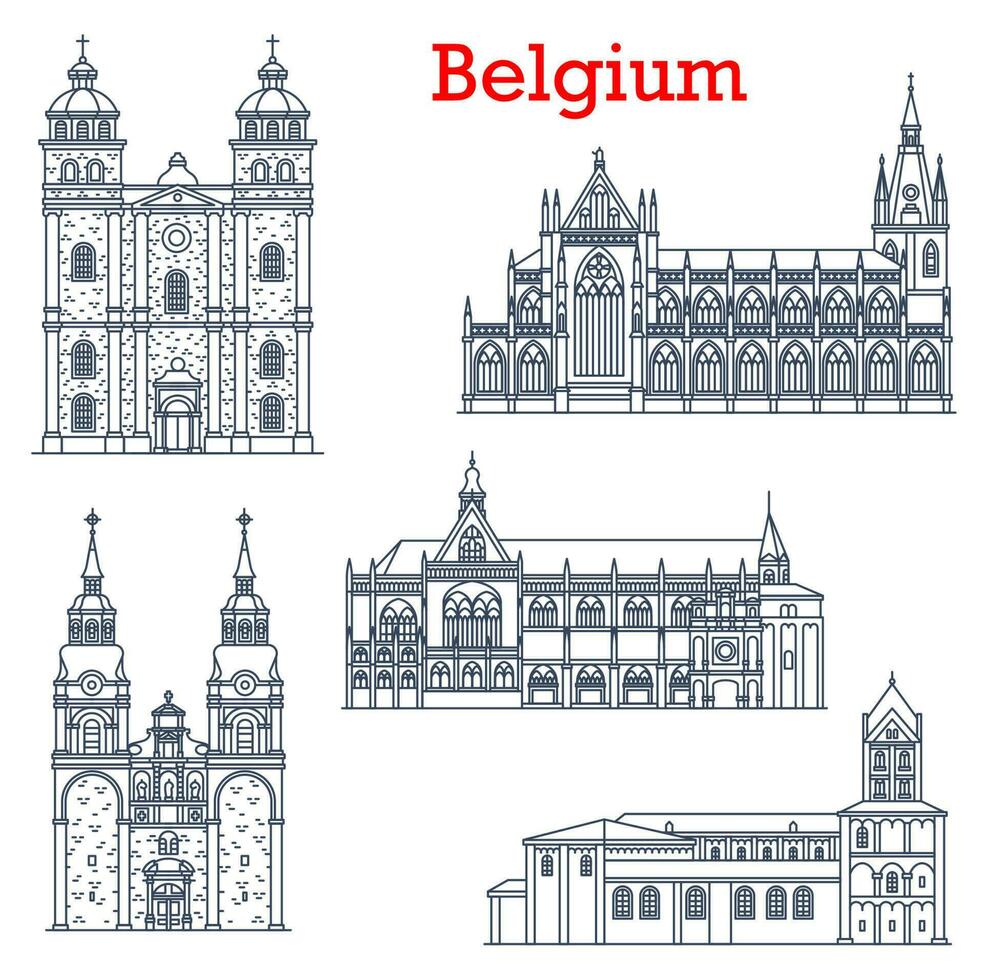 Belgium landmarks, cathedral churches architecture vector