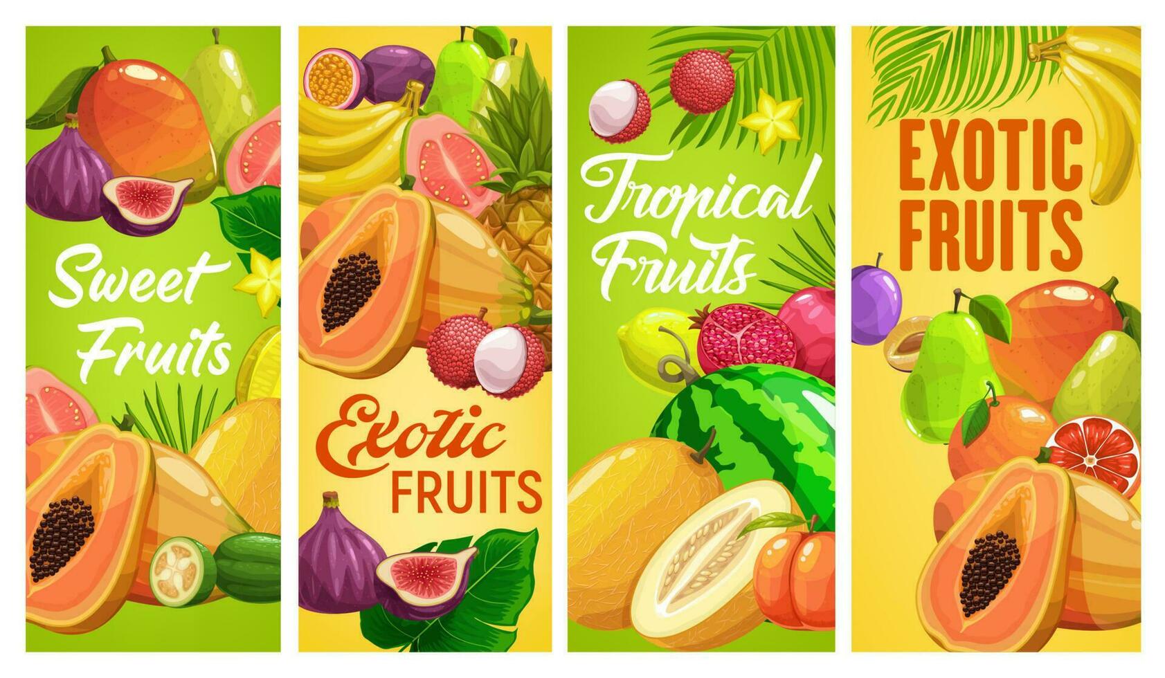 Fresco tropical frutas vector dibujos animados pancartas conjunto