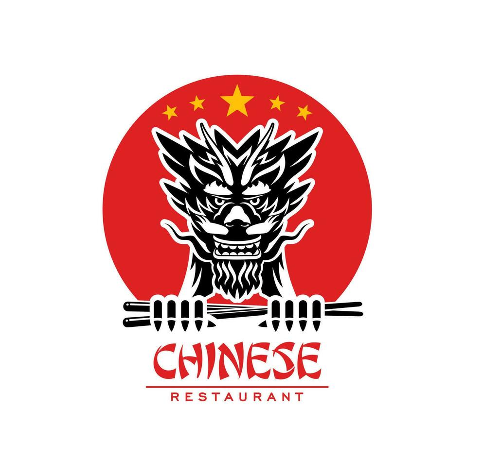 Chinese cuisine restaurant, dragon head and sticks vector