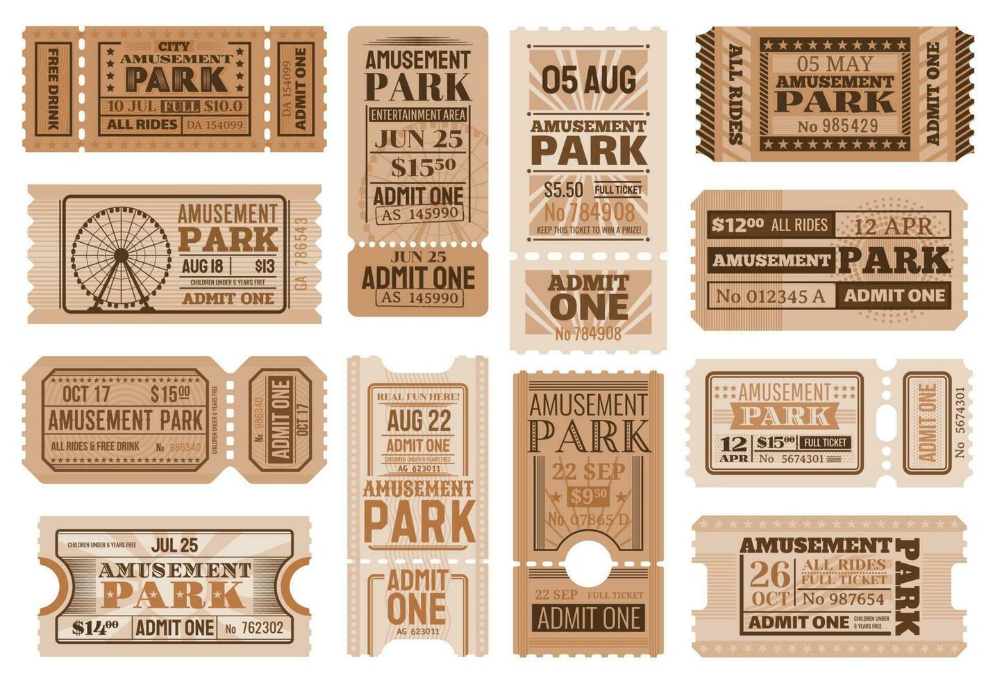 Amusement park ticket templates of circus show vector