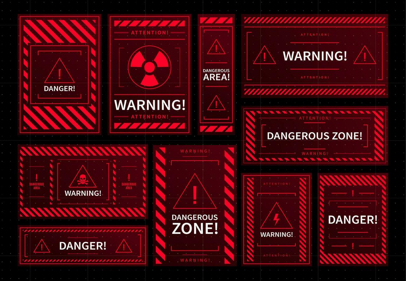 Danger and dangerous zone warning red frames, HUD vector