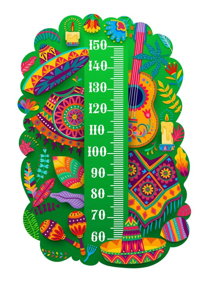 Kids height chart mexican guitar, sombrero, poncho vector