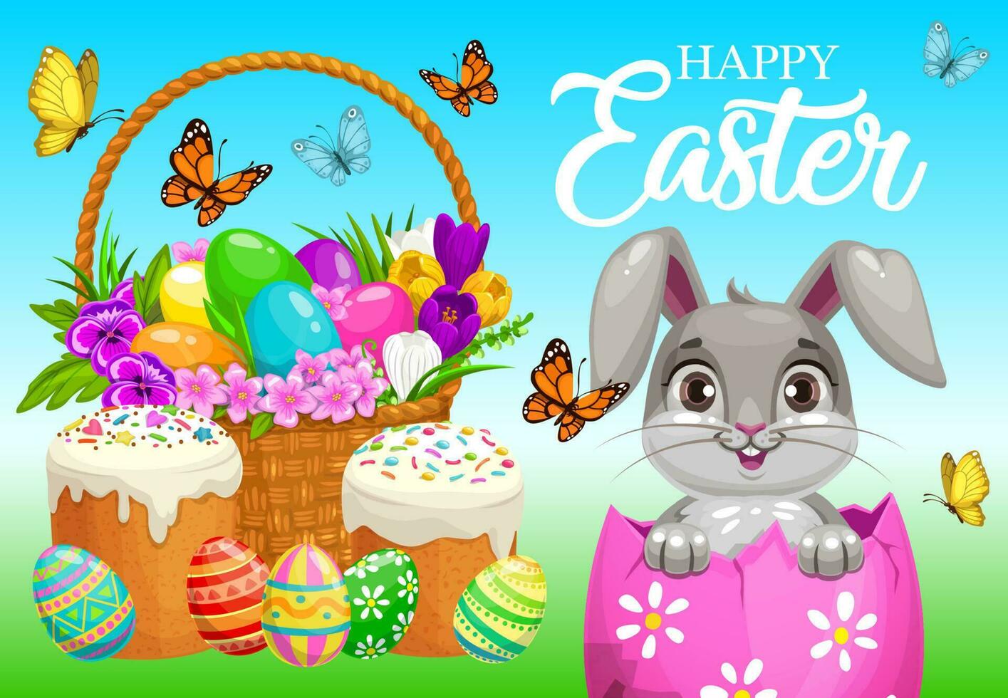 Happy Easter vector poster, bunny sitting in egg