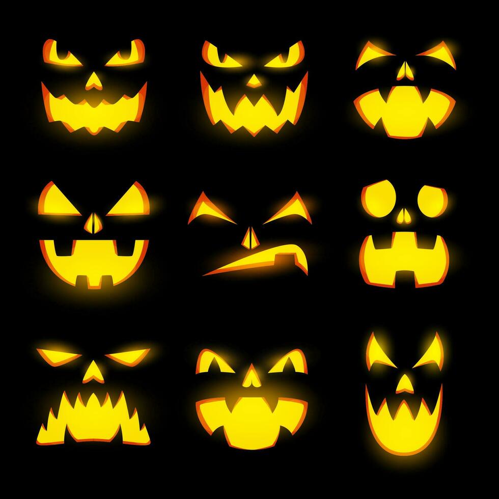 Scary pumpkin faces isolated vector icons set