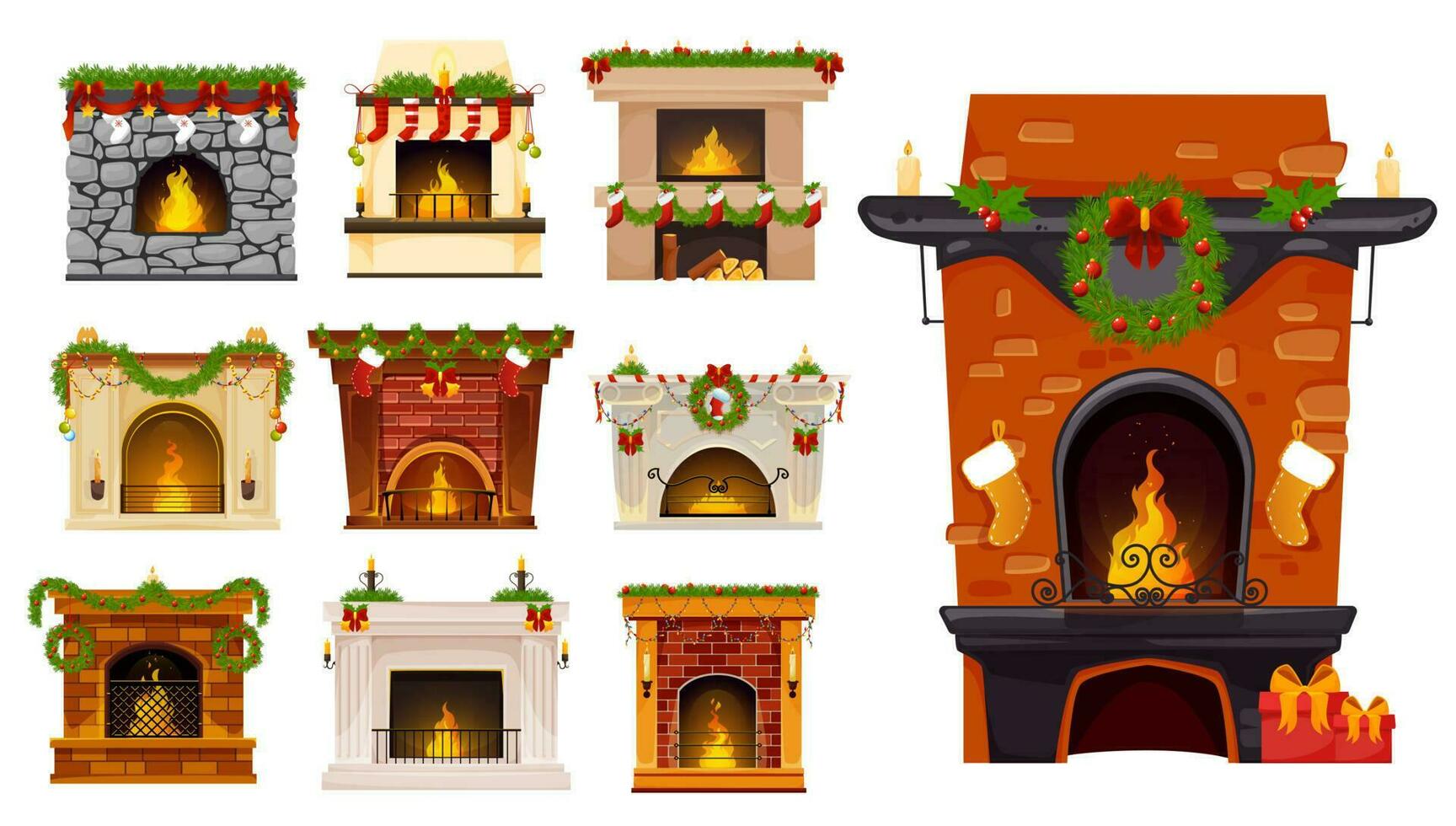 Christmas fireplaces, Xmas holiday decor, cartoon vector