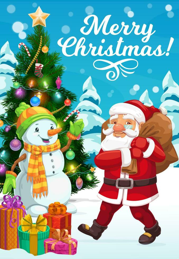 Santa and snowman with Christmas tree, Xmas gifts vector