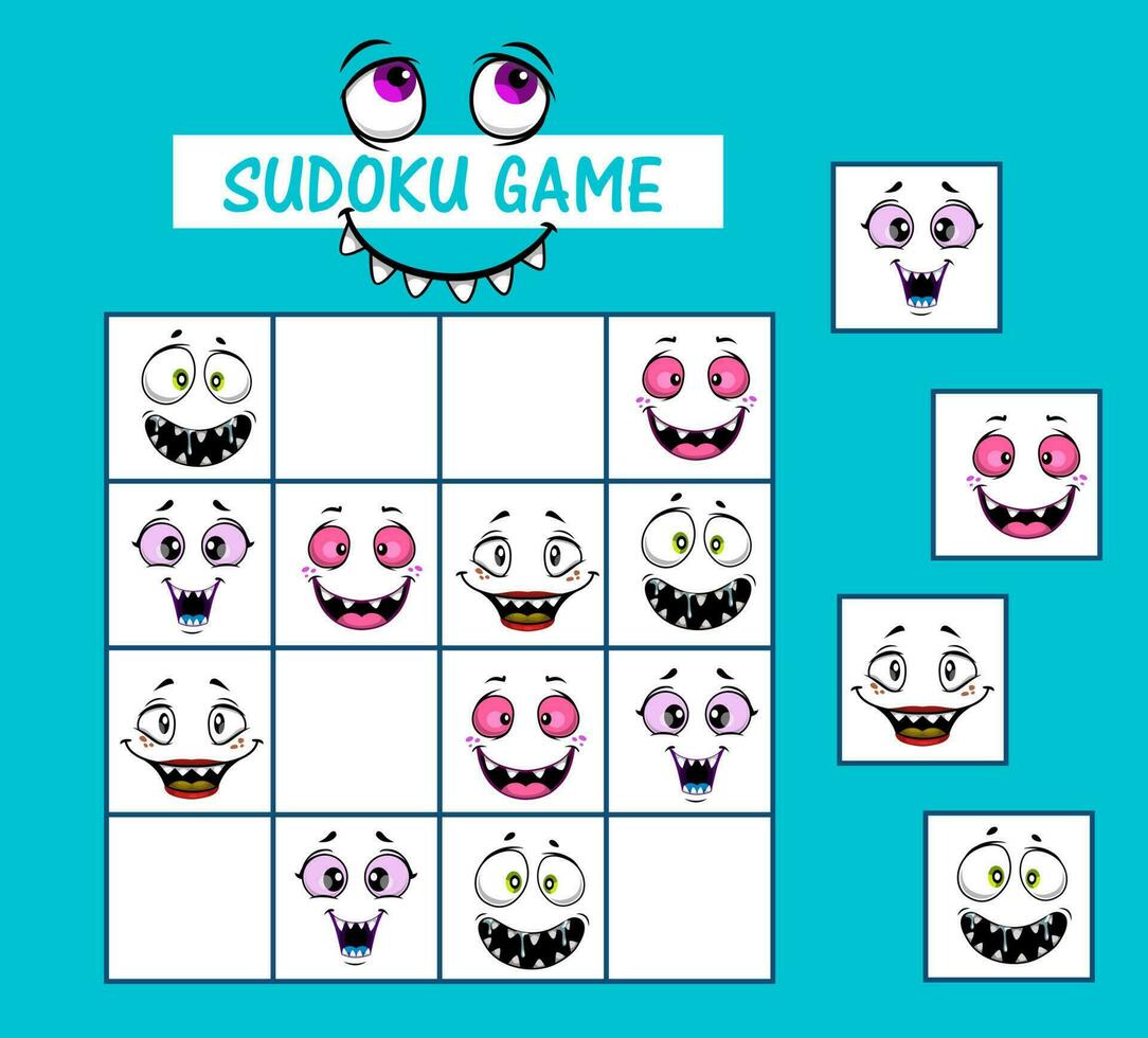 Sudoku kids game vector riddle with cartoon faces