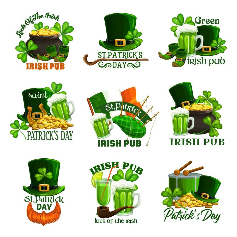 St Patricks Day holiday icons of Irish pub party vector