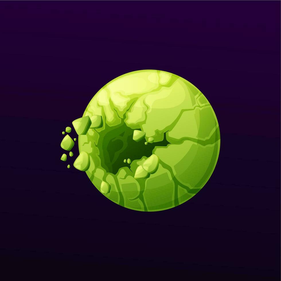 Cartoon green exploding, cracking space planet vector