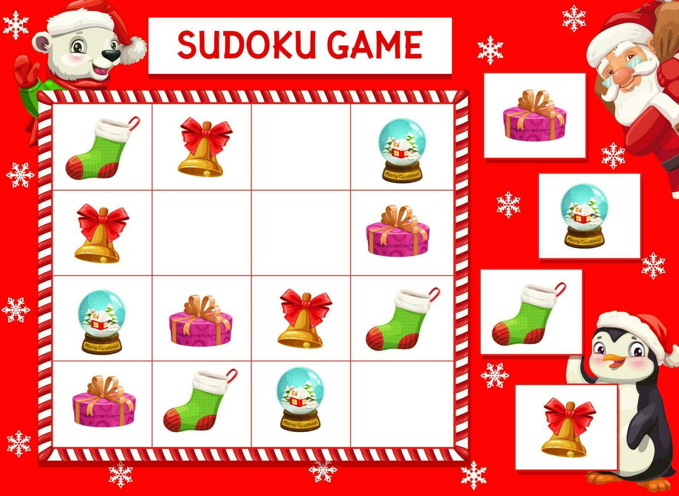 Kids game vector riddle with christmas characters