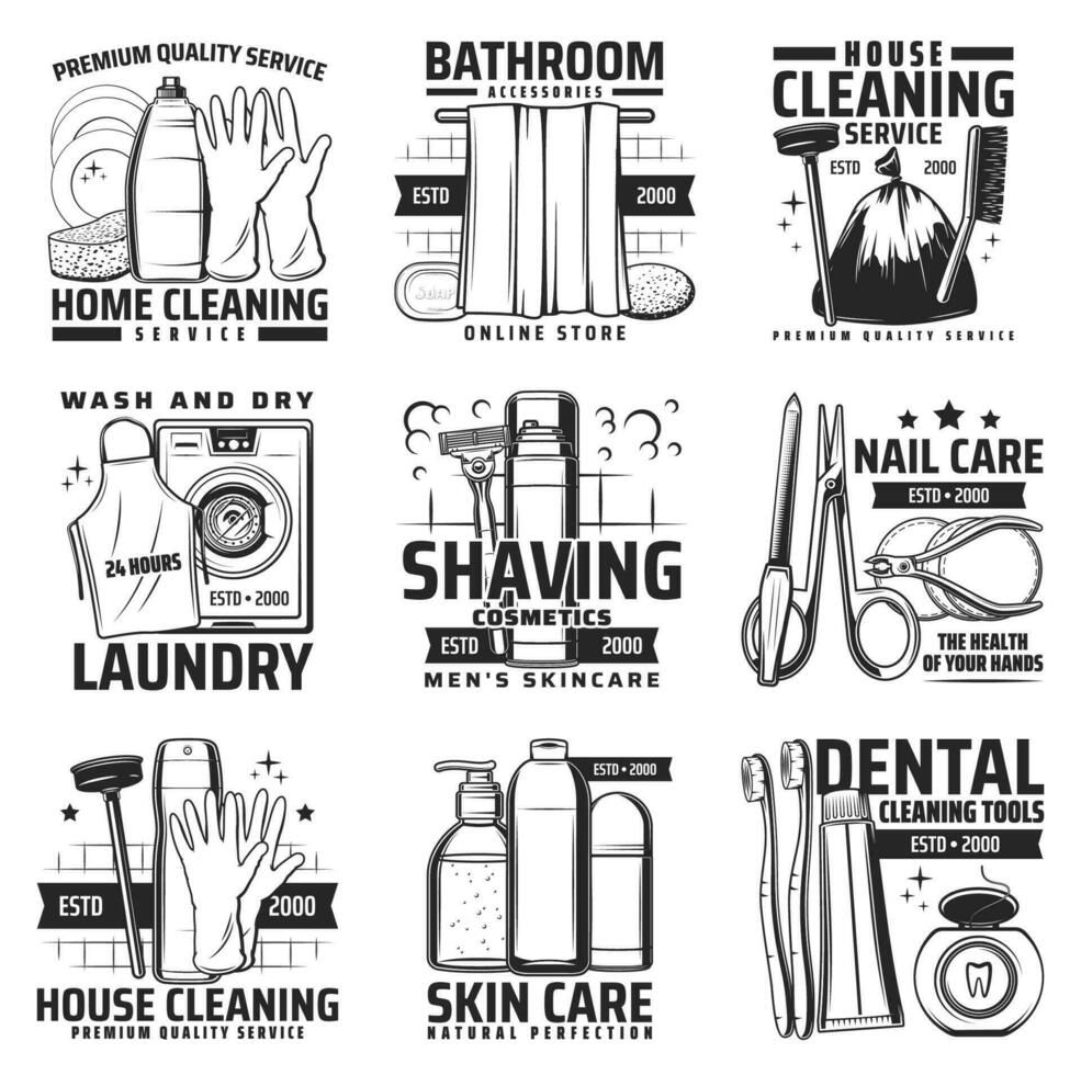 House cleaning, personal hygiene and washing icons vector