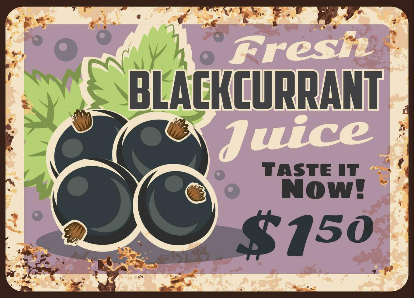 Blackcurrant juice rusty metal plate, vector berry