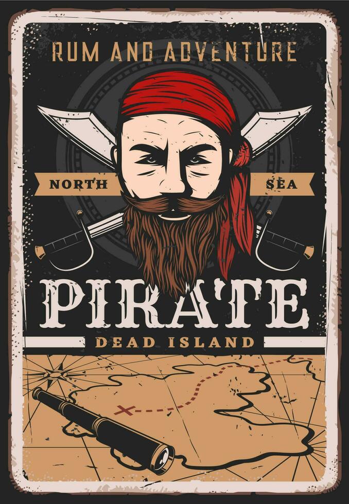 Pirate poster vintage, sailor captain treasure map vector