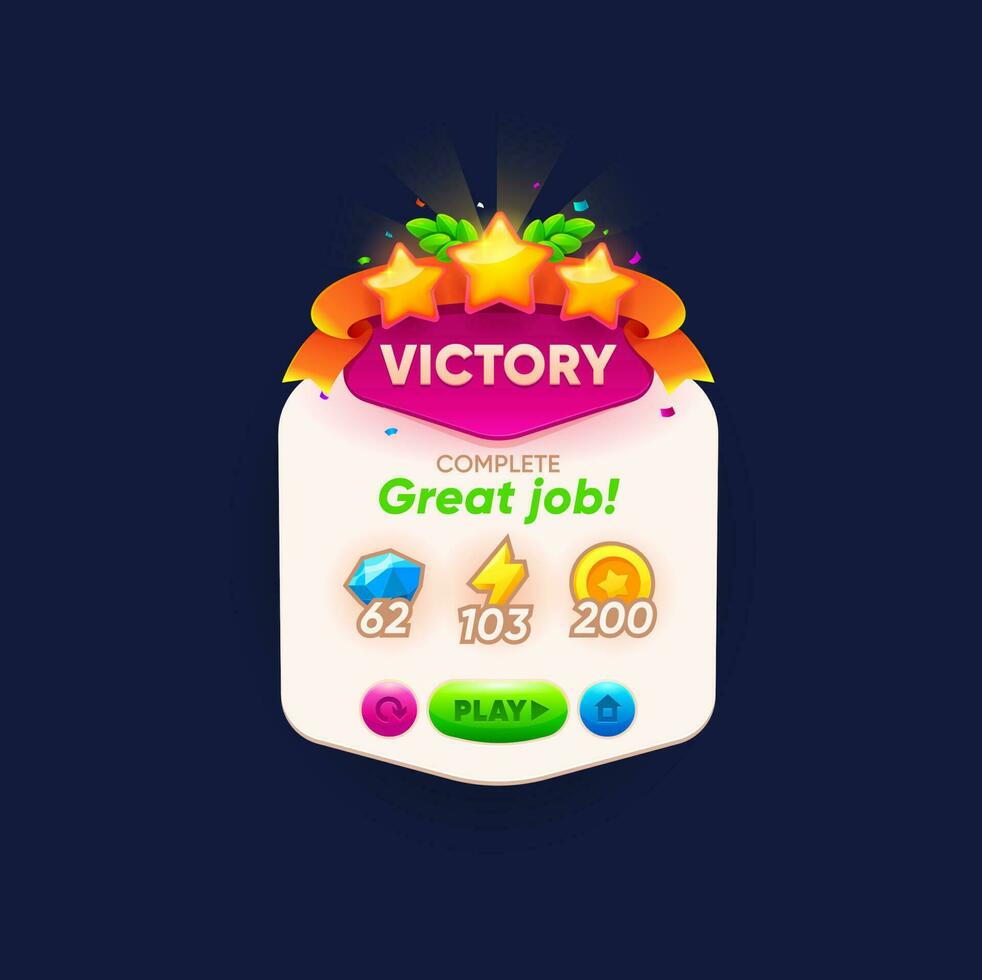 Game victory sign, banner with winner golden stars vector
